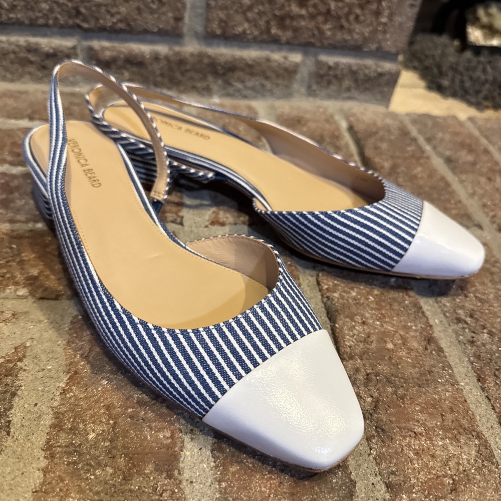 Veronica Beard Cecile Leather Canvas Woman Sz 7.5 Blue Stripe Slingback #803